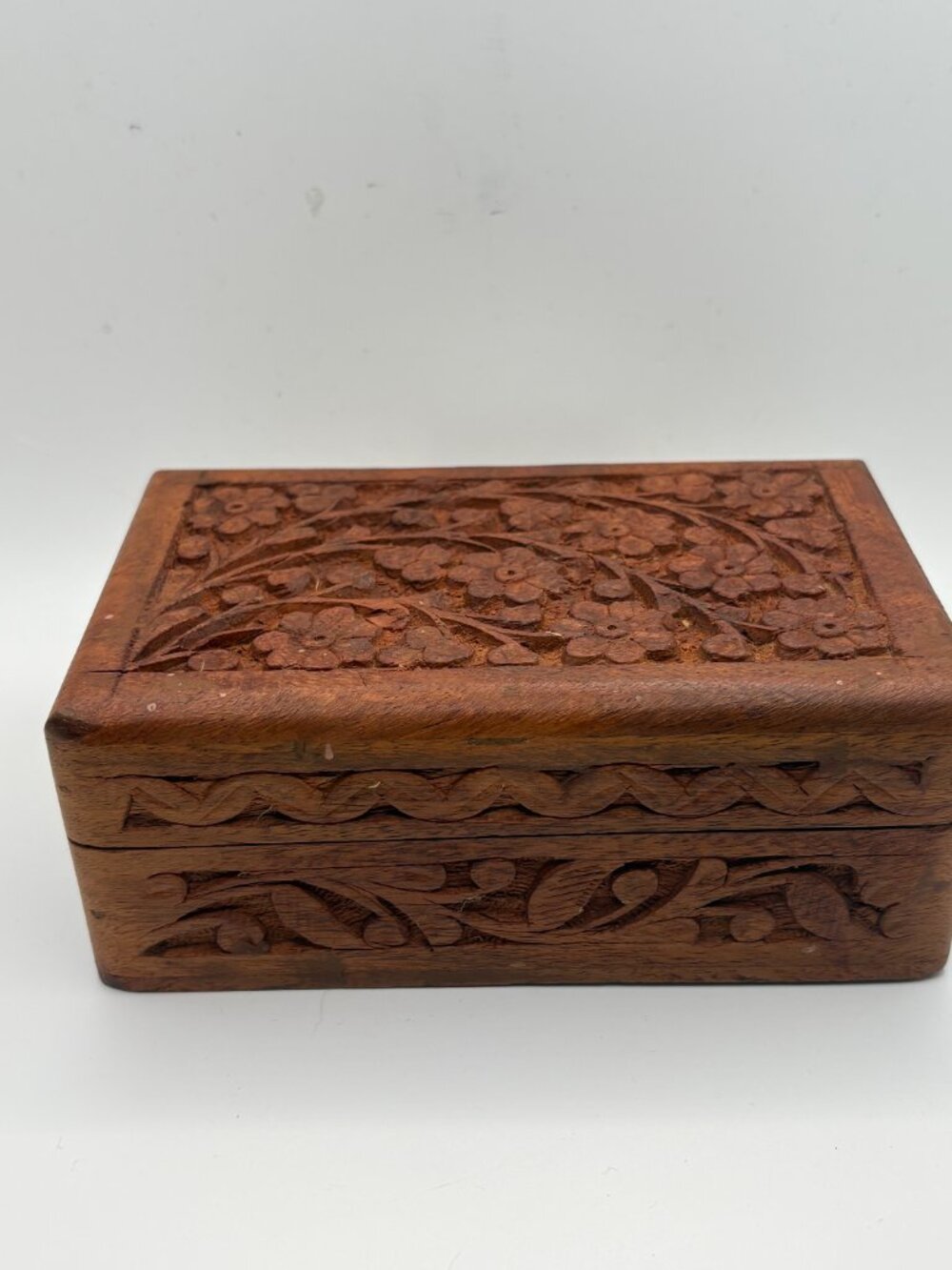 Vintage Hand Carved India Wooden Jewelry Box Floral Trinket Box Velvet Lined